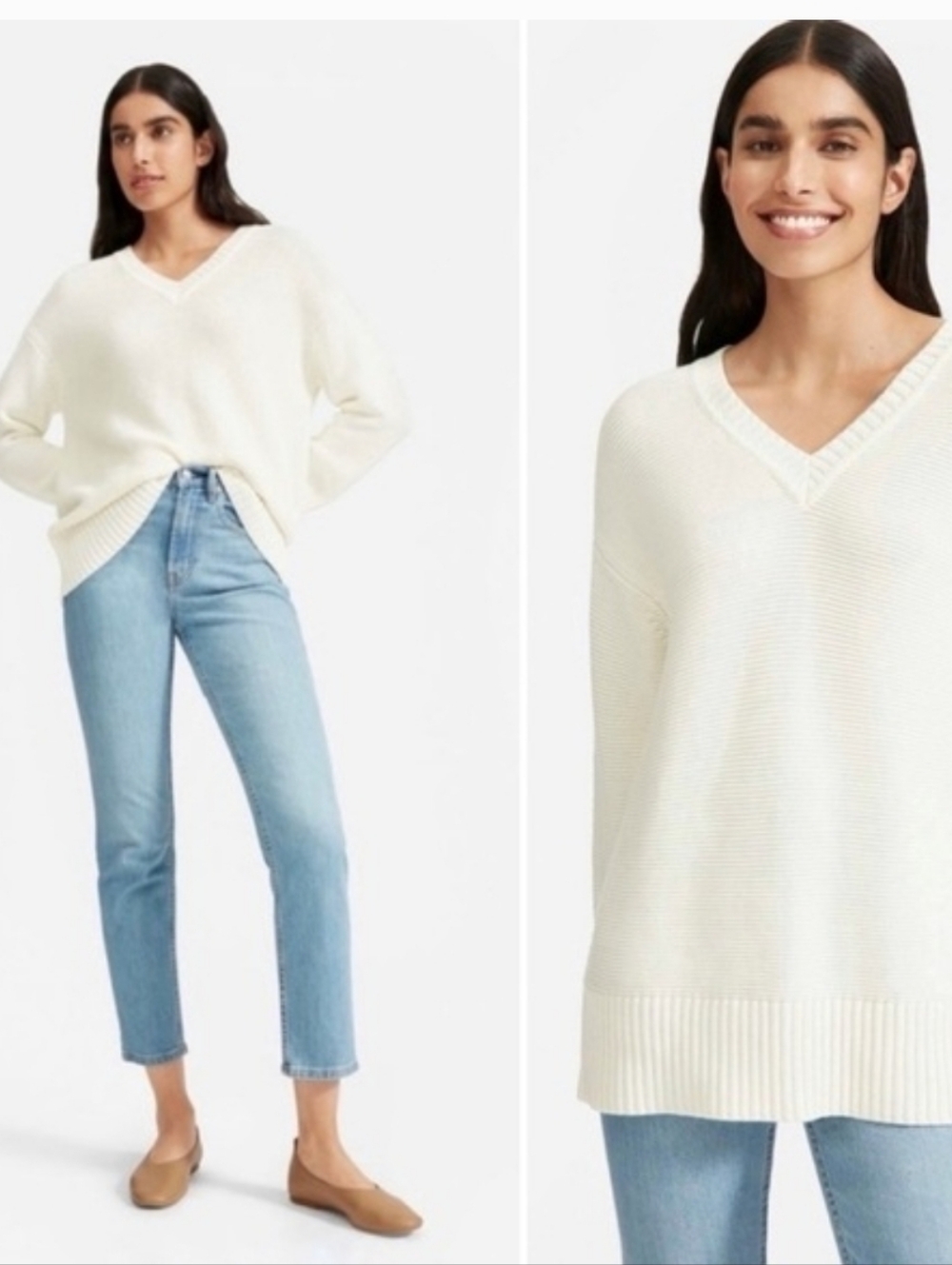 Everlane White Vneck 100% Cotton Oversized Horizantal Ribbed Sweater Size Small